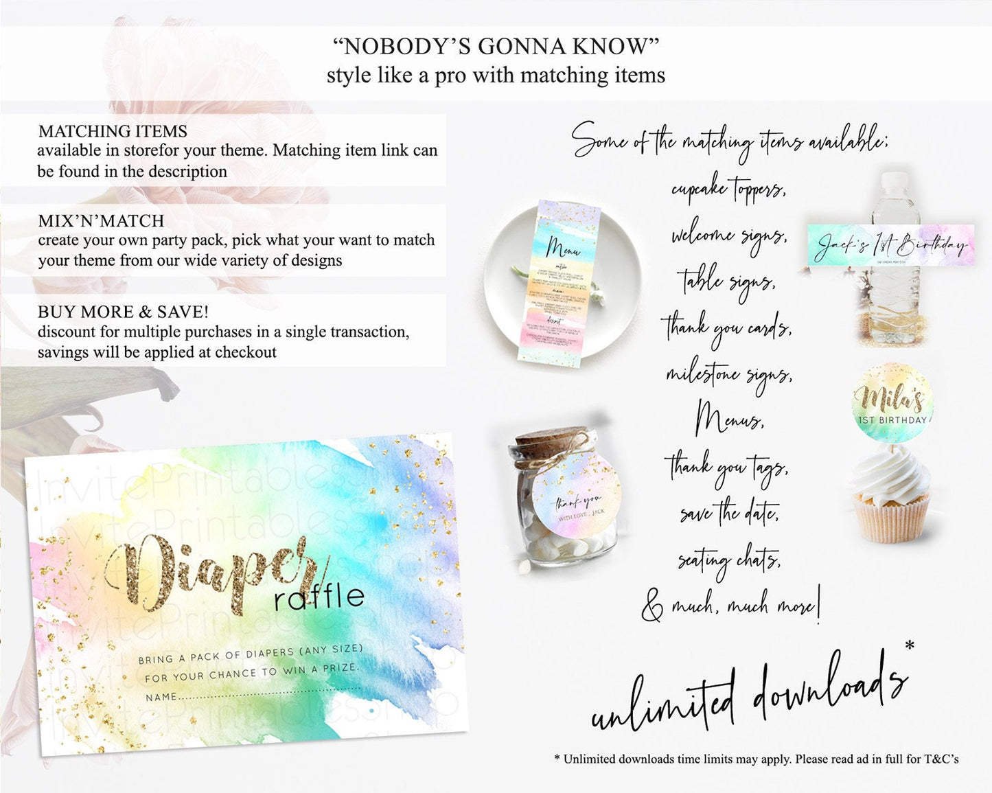 Pastel Diaper Raffle Card Pastel Rainbow Diaper Raffle Insert Colorful Ombre Watercolor Diaper Ticket Confetti Glitter Raffle Game D10256