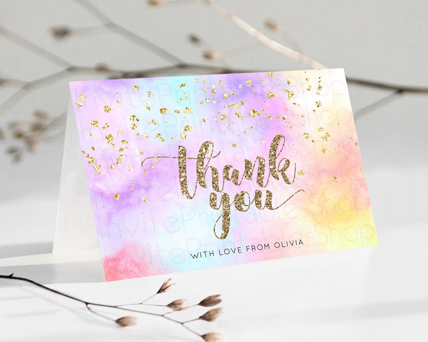 Pastel Thank You Rainbow Thank You Card Colorful Pastel Birthday Thank You Card Confetti Watercolor Pastel Teacher Thank You Cards D10435