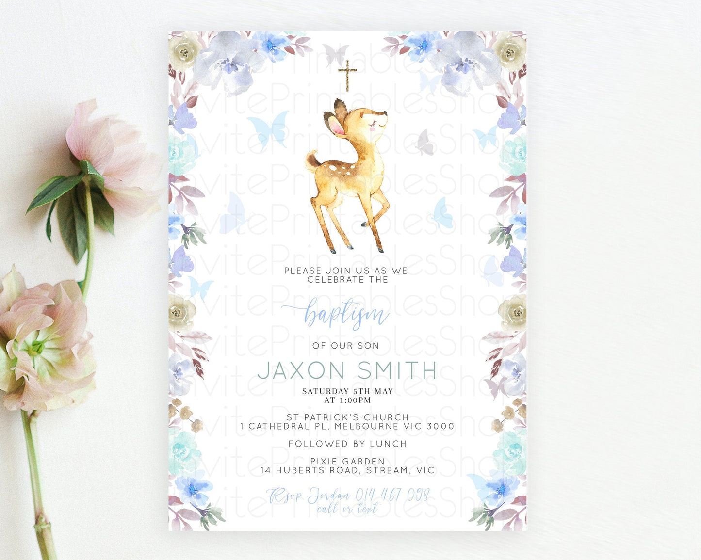 Fawn Baptism Invitation Deer Baptism 1st Birthday Invitation Enchanted Forest Christening Invitation Pastel Garden Butterfly Floral D10960