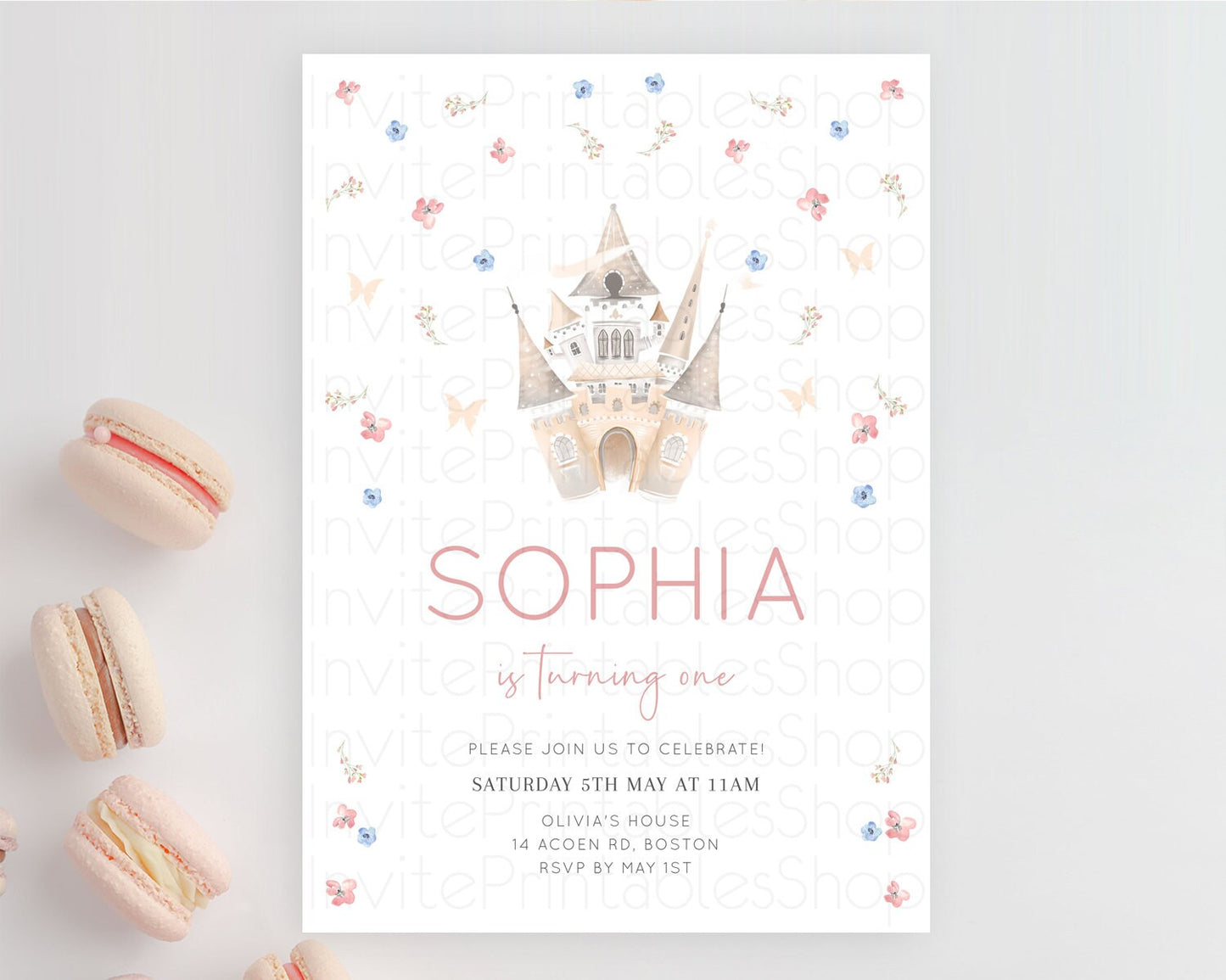 Princess Birthday Invitation Castle Invitation Royal Birthday Fairy Tale Enchanted Castle Pastel Floral Garden 1st First Birthday D10364