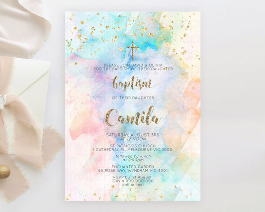 Pastel Baptism Invitation Pastel Colors Watercolor Baptism 1st Birthday Party Gold Ombre Pastel Rainbow Christening Holy Communion D10261