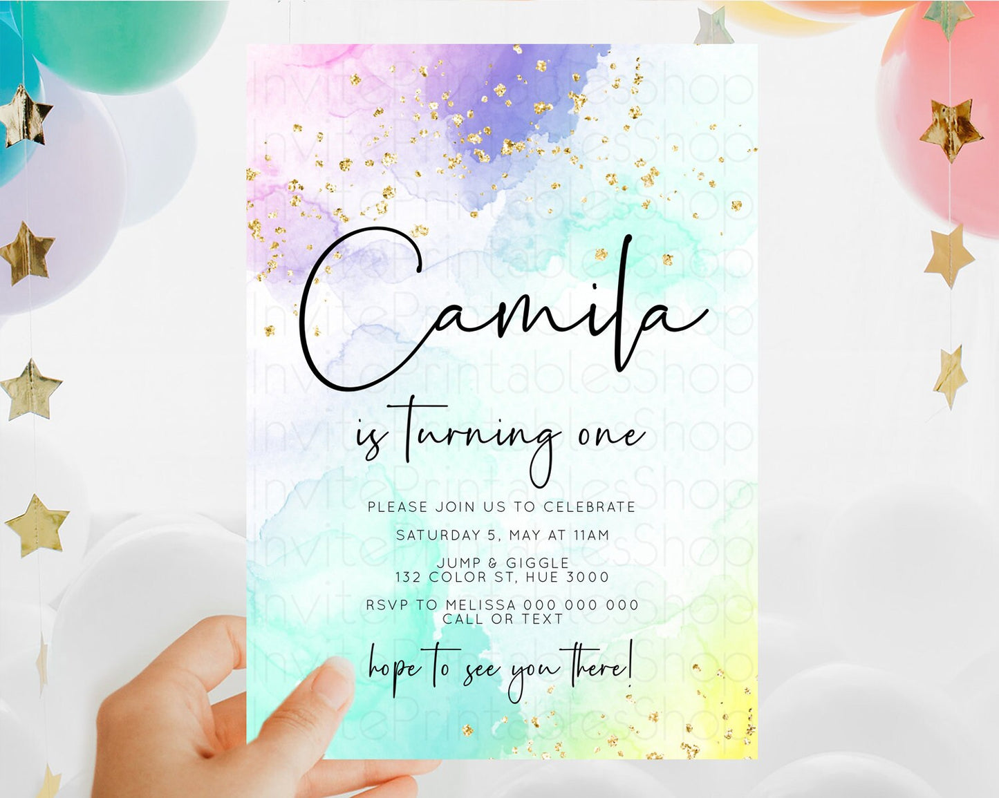 Rainbow Birthday Invitation Colorful Pastel Watercolor Invitation Gold Glitter Sprinkles Ombre Pastel 1st 2nd 3rd Birthday D10158