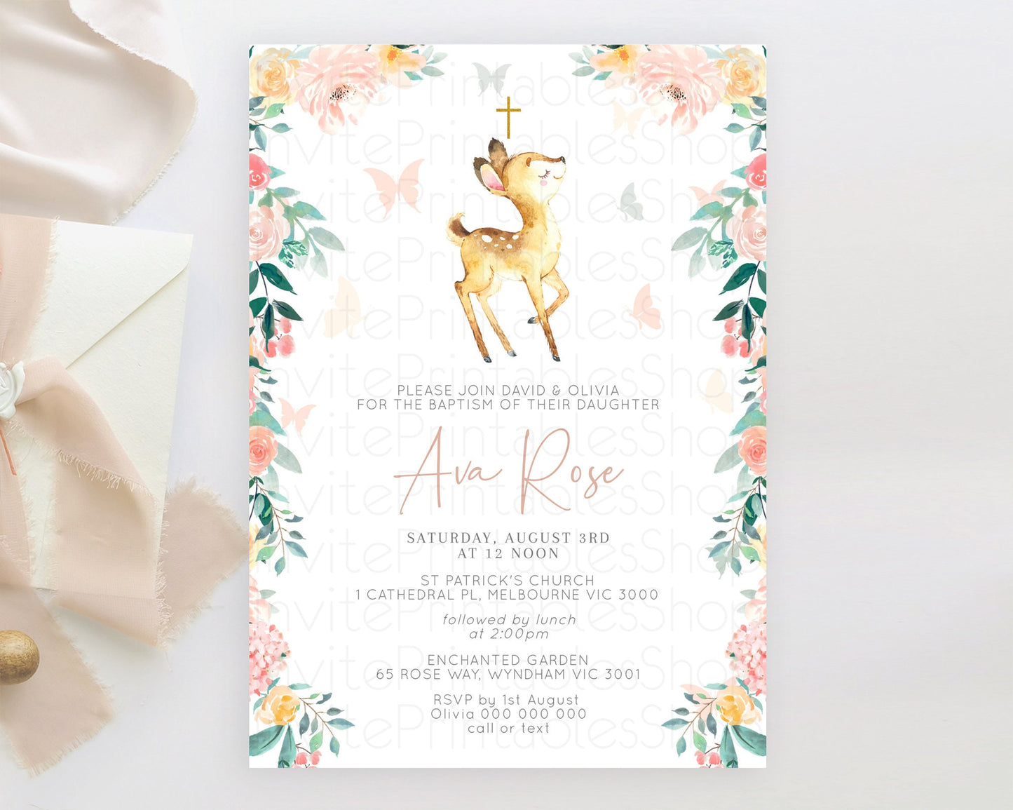 Fawn Baptism Invitation Deer Baptism 1st Birthday Invitation Enchanted Forest Christening Invitation Pastel Garden Butterfly Floral D10753