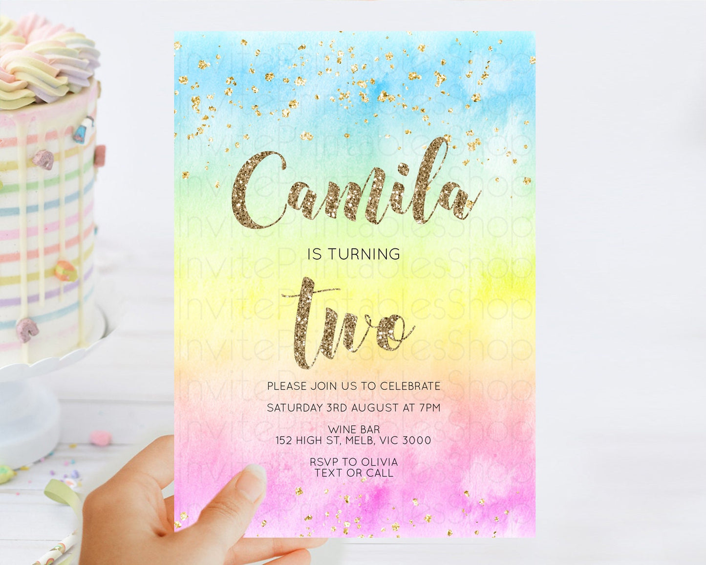 Rainbow Birthday Invitation Colorful Pastel Watercolor Invitation Gold Glitter Sprinkles Ombre Pastel 1st 2nd 3rd Birthday D10479