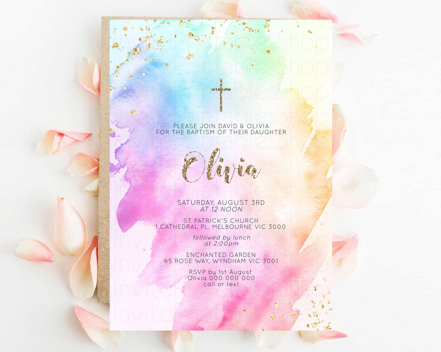 Rainbow Baptism invitation Pastel Rainbow Christening Invite Ombre Watercolor Invite Gold Glitter Sprinkle Splash Cross Religious g504