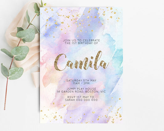 Editable Rainbow Birthday Invitation Pastel Birthday Invitation Ombre Rainbo
