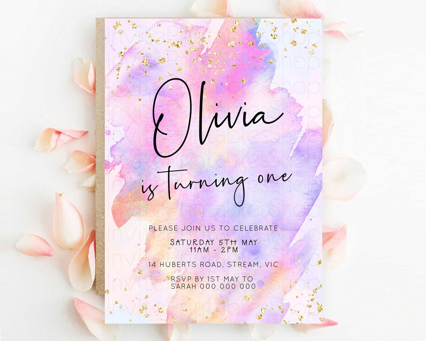 Pastel Birthday Invitation Ombre Watercolor Birthday Invitation Glitter Rainbow Color Splash 1st 2nd 3rd Birthday Invitation D23067