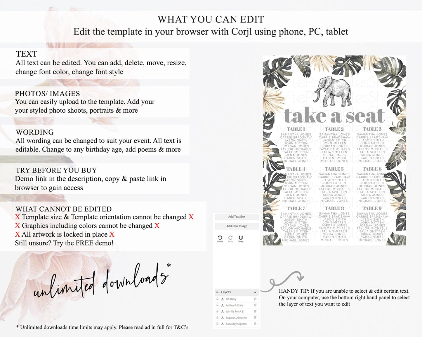 Elephant Seating Chart Elephant Seating Sign Elephant Party Safari Adventure Elephant Take A Seat Elephant Decor Zoo Fern Palm Leaf D10806
