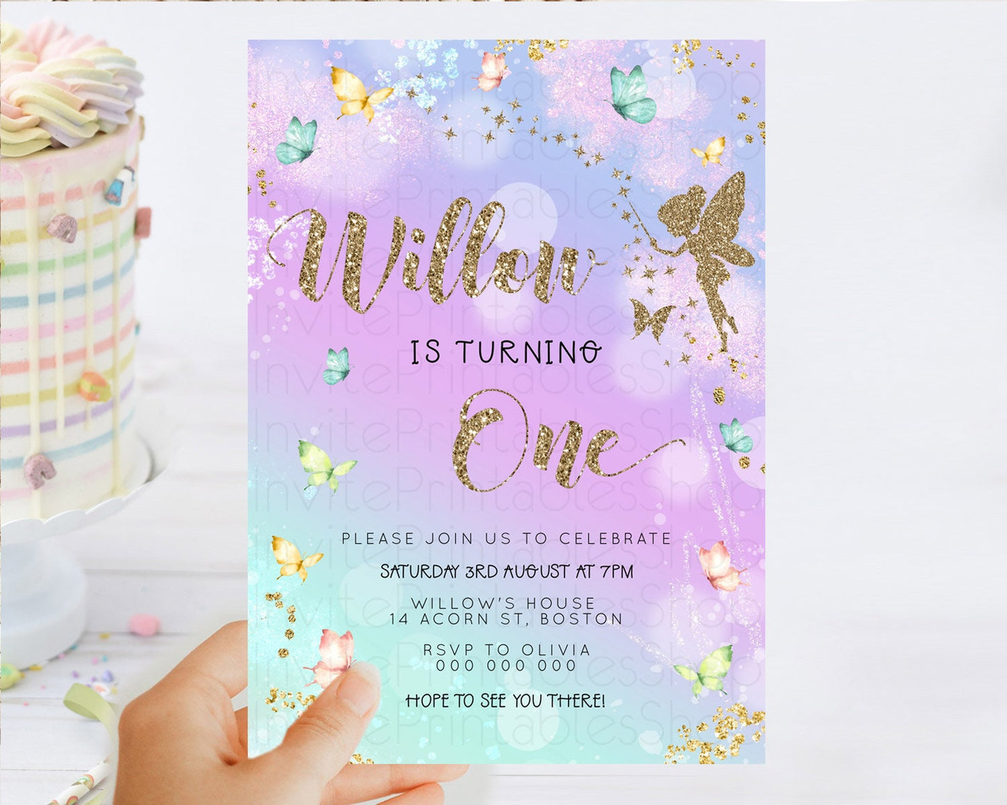 Pastel Fairy Birthday Invitation Pastel Butterflies Fairy Birthday Invitation Rainbow Ombre Watercolor 1st 2nd Birthday Invitation D23163