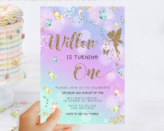 Pastel Fairy Birthday Invitation Pastel Butterflies Fairy Birthday Invitation Rainbow Ombre Watercolor 1st 2nd Birthday Invitation D23163