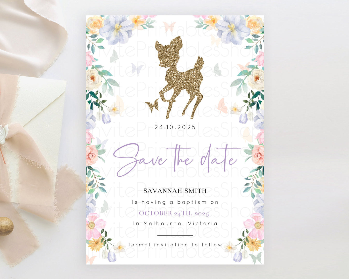 Fawn Deer Save The Date Template Pastel Floral Deer Enchanted Forest Butterfly Party 1st Birthday Baptism Baby Shower Bridal Shower D10477