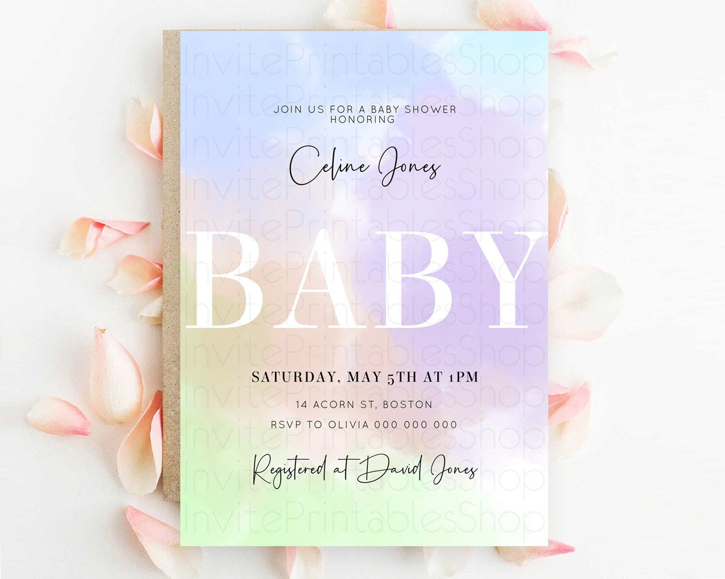 Pastel Baby Shower Invitation Rainbow Baby Shower Invitation Colorful Pastel Watercolor Invitation Gold Glitter Sprinkles Ombre D10371