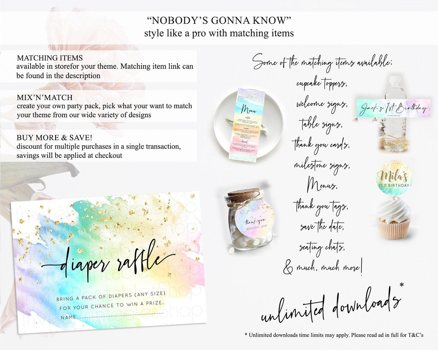 Pastel Diaper Raffle Card Pastel Rainbow Diaper Raffle Insert Colorful Ombre Watercolor Diaper Ticket Confetti Glitter Raffle Game D10256