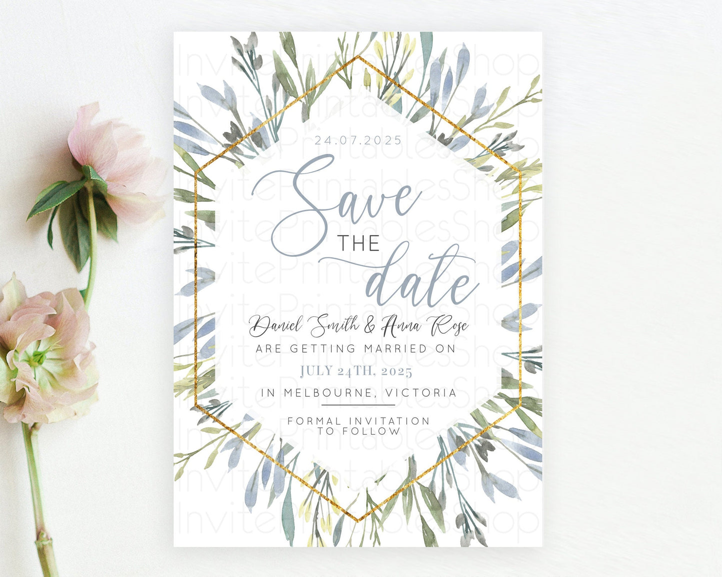 Green Leafy Save The Date Template Eucalyptus Fern Leaves Watercolor Boho Garden Leaf Branch Party 1st Birthday Baptism Baby Shower D10532