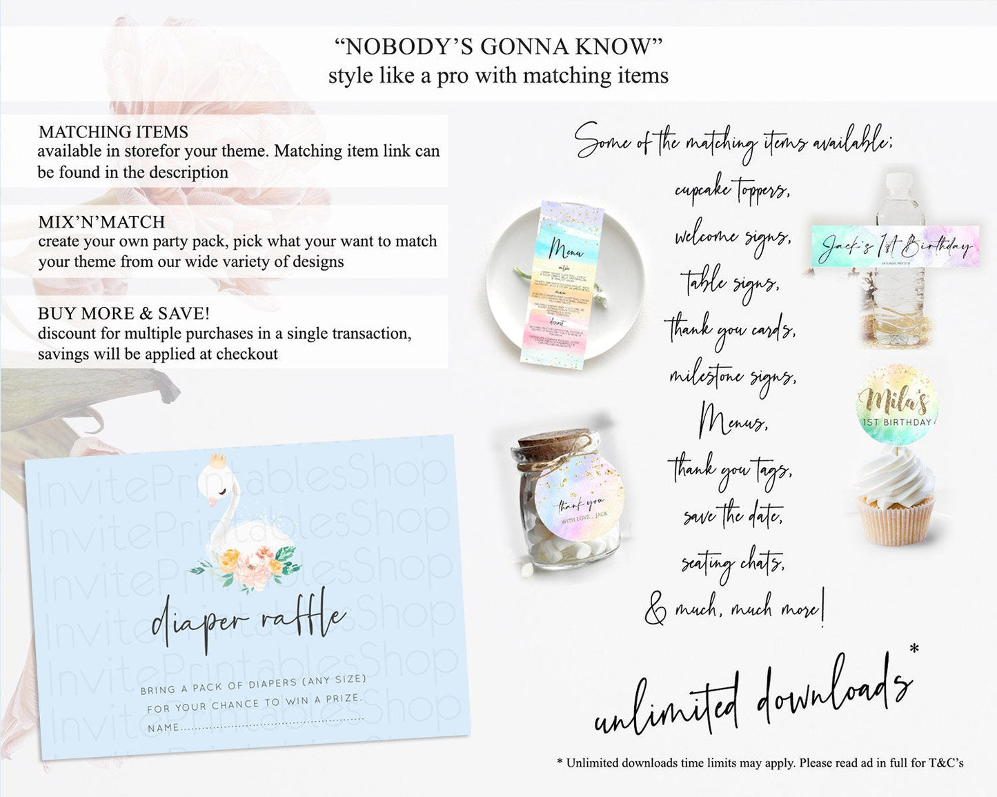 Swan Diaper Raffle Card Swan Princess Ballet Diaper Raffle Insert Enchanted Swan Lake Diaper Ticket Secret Garden Floral Raffle Game D10903