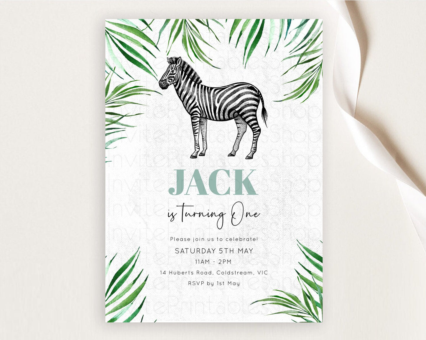 Zebra Birthday Invitation Zebra Invite Jungle Safari invite Watercolor Tropical Palm Invite Adventure Zoo Party Wild Animal Party D10844