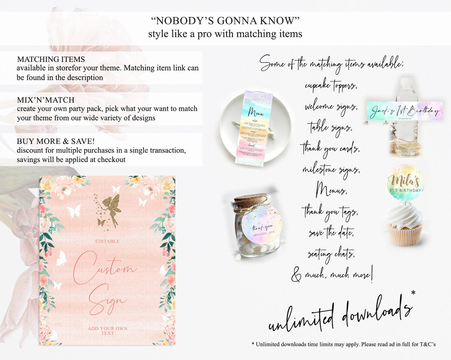 Fairy Sign Enchanted Garden Table Sign Decor Pastel Floral Butterfly Party Secret Garden Birthday Baptism Baby Shower Bridal Shower D10792