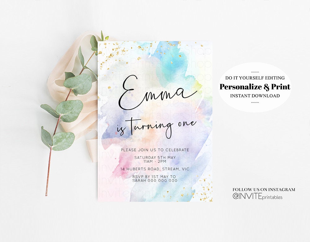 Rainbow Birthday Invitation Ombre Pastel Invitation Colorful Watercolor Splash Invite Gold Glitter Sprinkles Printable Digital Invite T487