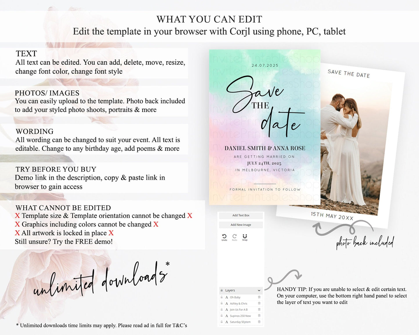 Pastel Save The Date Template Pastel Ombre Rainbow Watercolor Colorful Party For Birthday Baptism Baby Shower Wedding Bridal Shower D10375