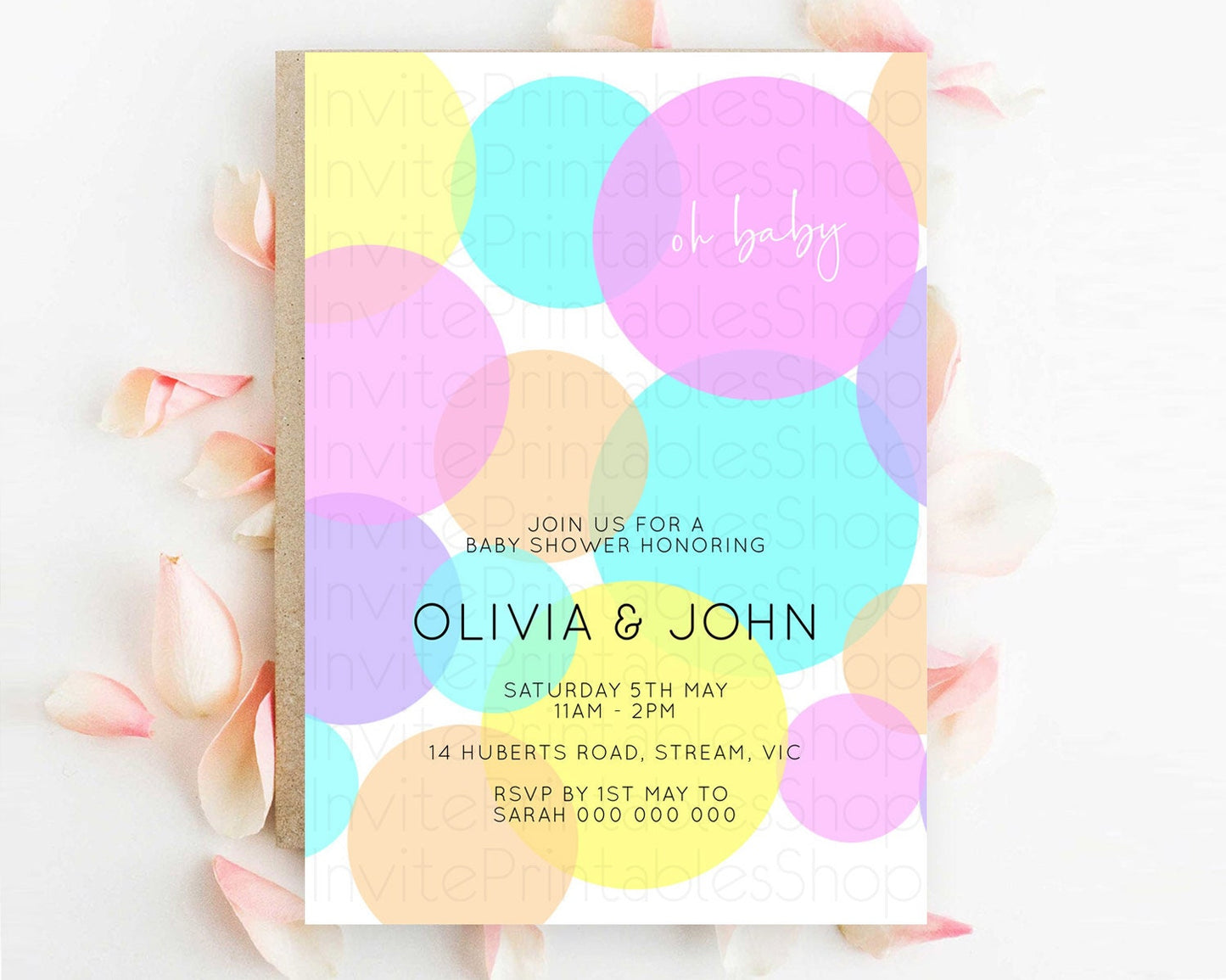 Pastel Rainbow Baby Shower Invitation, Confetti, Sprinkles, Bubbles Pink, Blue, Yellow Cute for Boy or Girl Gender Reveal Celebration D10406