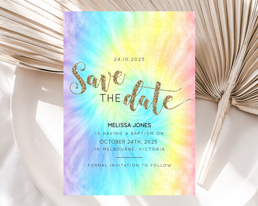 Tie Dye Save The Date Template Rainbow Pastel Ombre Watercolor Party For 1st Birthday Baptism Baby Shower Bridal Shower Wedding D10580