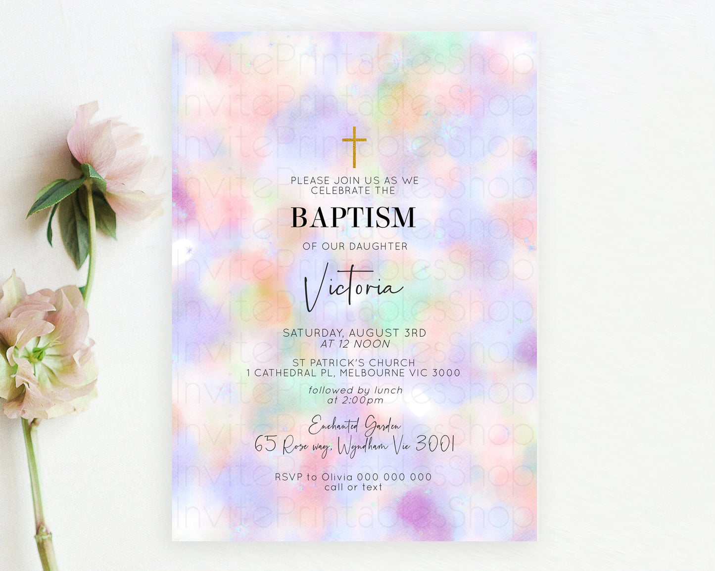 Pastel Baptism Invitation Pastel Colors Watercolor Baptism 1st Birthday Party Gold Ombre Pastel Rainbow Christening Holy Communion D10697