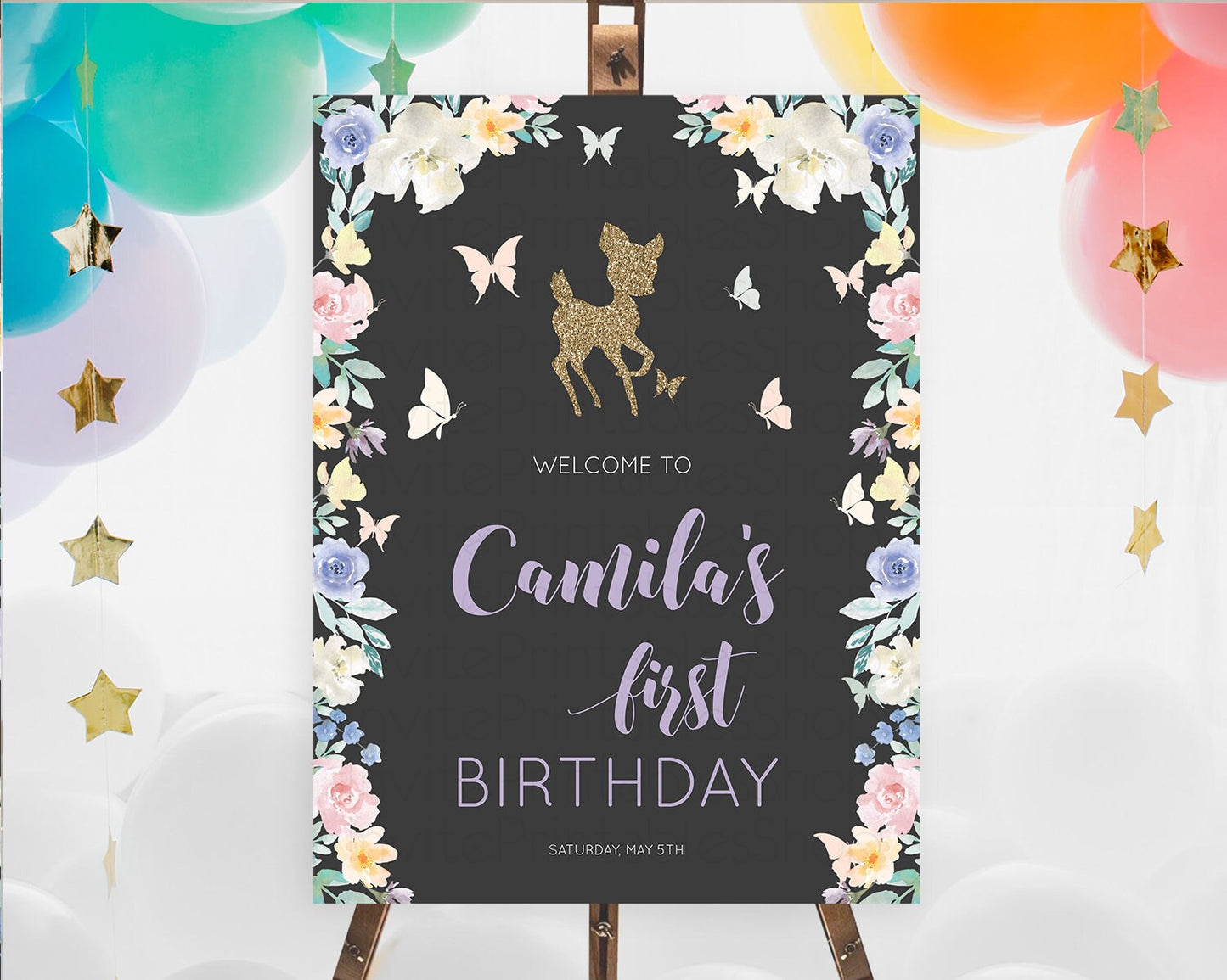 Fawn Welcome Sign Deer Welcome Board Floral Deer Welcome Poster Enchanted Forest Butterfly Pastel Floral First Birthday Welcome Sign D10880