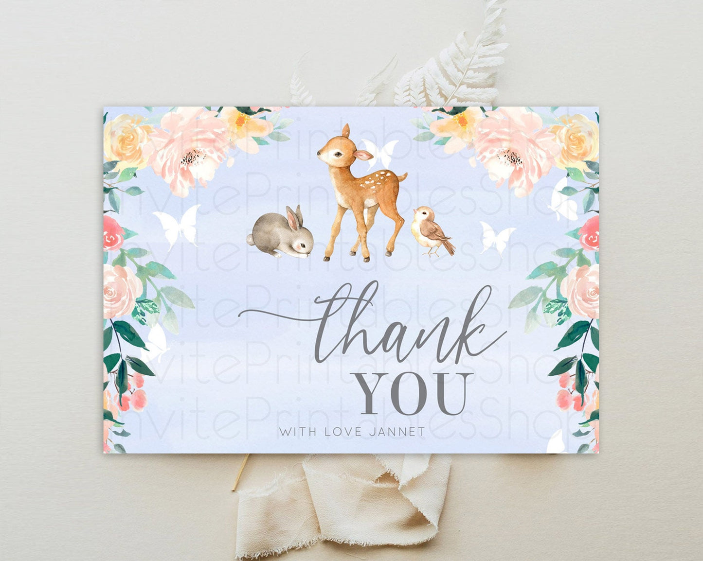 Fawn Thank You Deer Thank You Card Pastel Floral Deer Birthday Thank You Card Enchanted Forest Butterfly Deer Teacher Thank You Card D10920