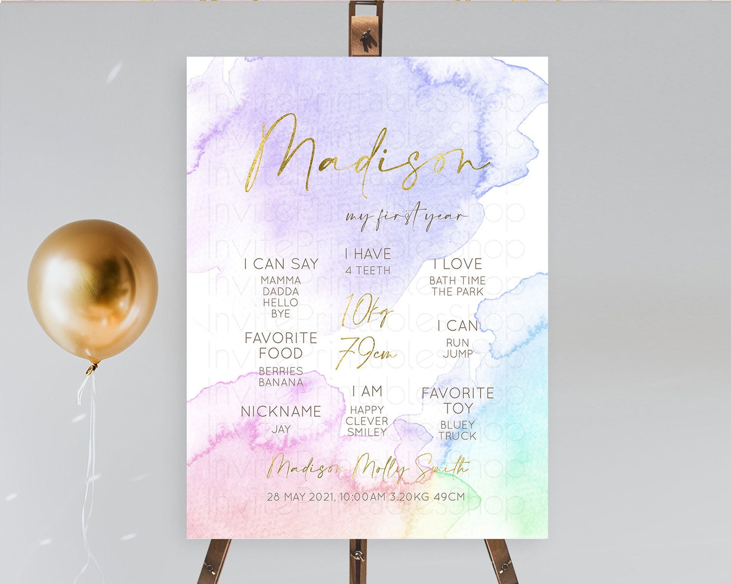 Pastel First Birthday Milestone Board Pastel Rainbow Milestone Poster Colorful Confetti Watercolor Glitter 1st Birthday Welcome Sign D10215