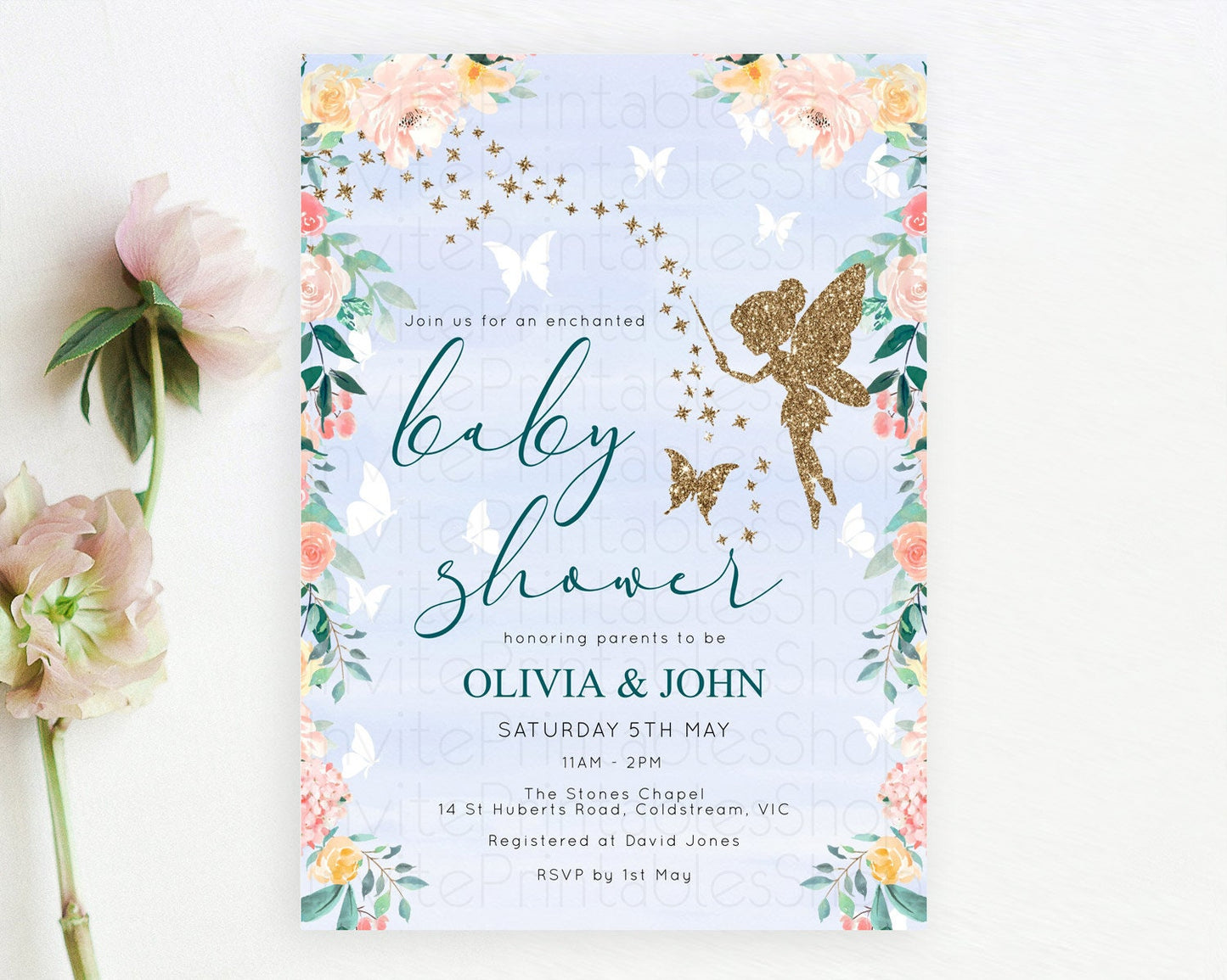 Fairy Baby Shower Invitation, Secret Garden, Fairy Garden Party, Magical Butterflies, Pink Orange Greenery, Floral, Blue Watercolor D10794