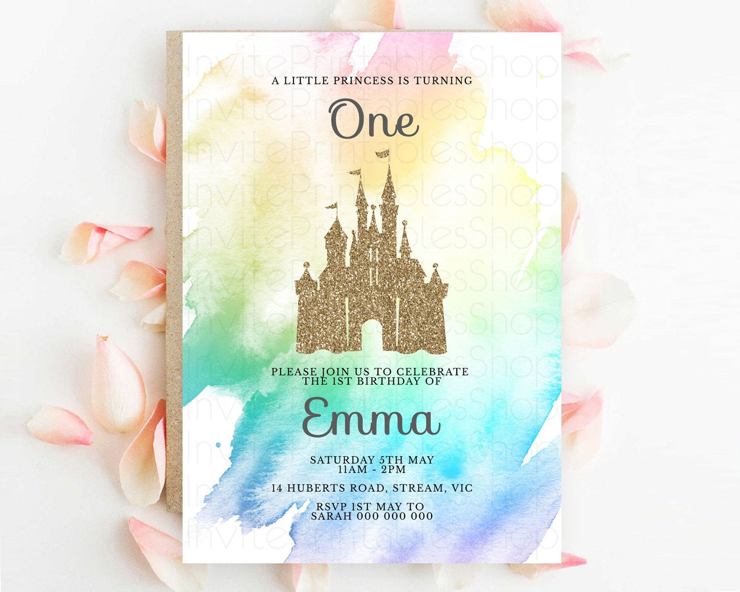 Princess Birthday Invitation Princess Invitation Pastel Invitation Royal Birthday Rainbow Color Enchanted Castle 1st First Birthday D10833