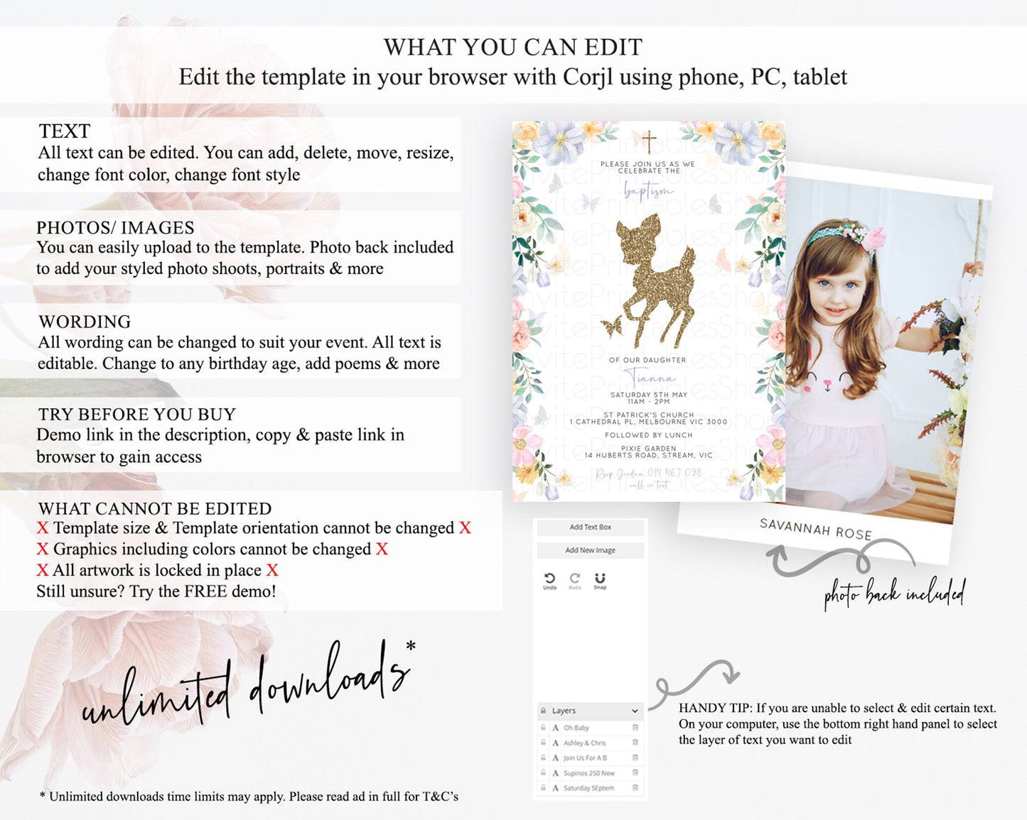 Fawn Baptism Invitation Deer Baptism 1st Birthday Invitation Enchanted Forest Christening Invitation Pastel Garden Butterfly Floral D10477