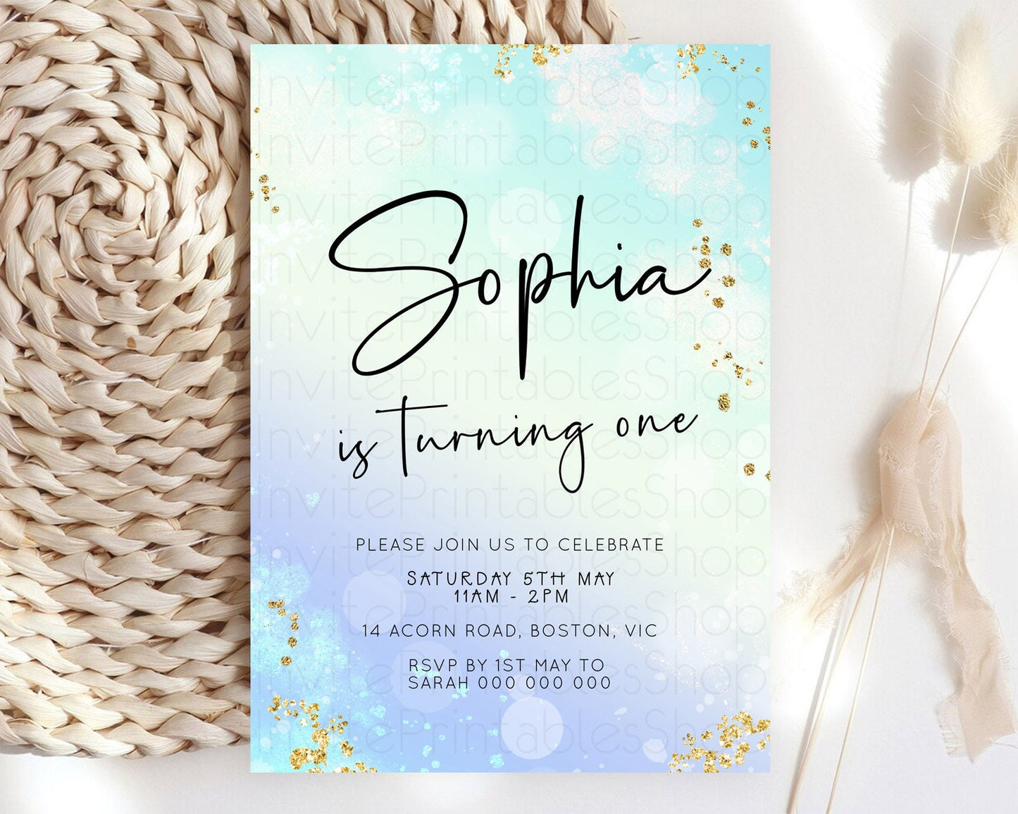 Pastel Birthday Invitation Ombre Watercolor Birthday Invitation Glitter Rainbow Color Splash 1st 2nd 3rd Birthday Invitation D23099