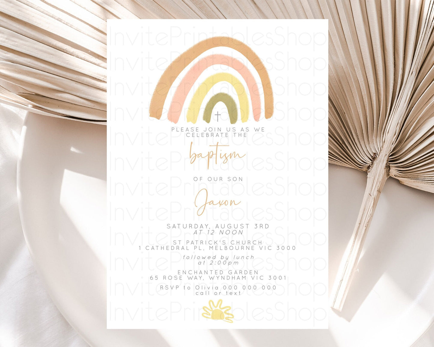 Pastel Rainbow Baptism Invitation Boho Rainbow Baptism 1st Birthday Invitation Rainbow Pastel Watercolor Christening Invitation D10684