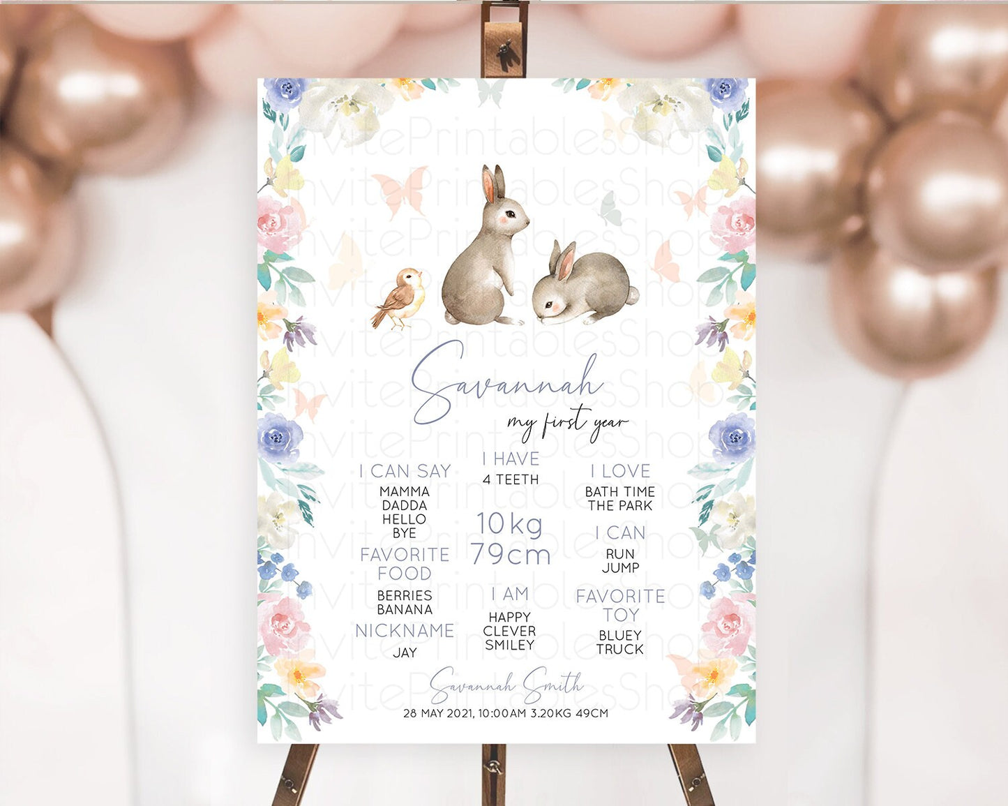 Bunny First Birthday Milestone Board Floral Bunny Milestone Poster Pastel Flowers Woodland Bunny Milestone 1st Birthday Welcome Sign D10928