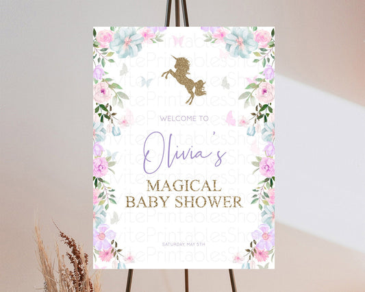 Editable Unicorn Garden Baby Shower Welcome Sign Floral Unicorn Welcome Boar
