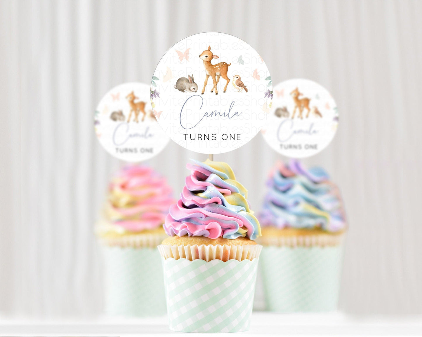 Fawn Cupcake Toppers Deer Cupcake Toppers Enchanted Forest Party Butterfly Pastel Flowers Woofland Cupcake Toppers First Birthday D10930