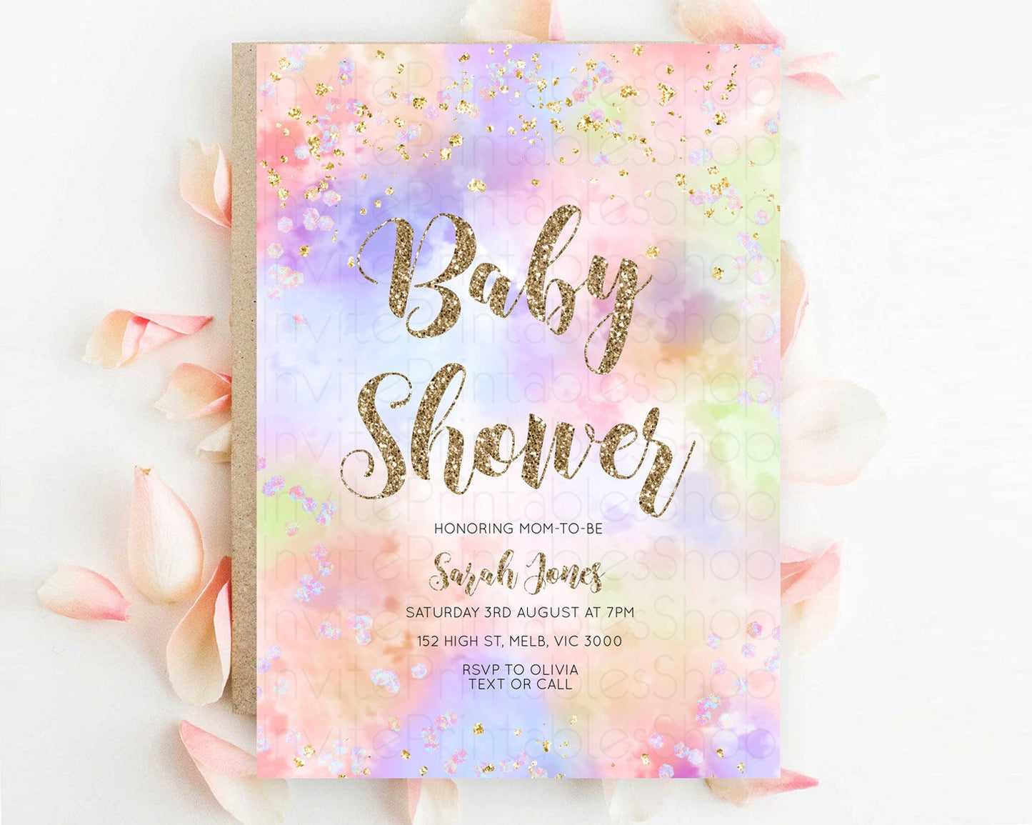 Pastel Baby Shower Invitation Rainbow Baby Shower Invitation Colorful Pastel Watercolor Invitation Gold Glitter Sprinkles Ombre D11019