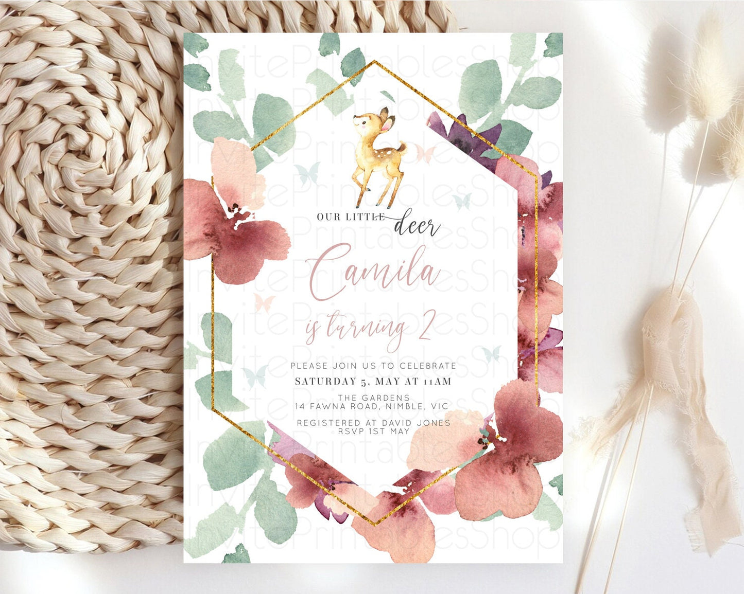 Fawn Birthday Invitation Deer Birthday Invitation Enchanted Forest Party Butterfly Pastel Flowers Whimsical 2nd 1st First Birthday D10915