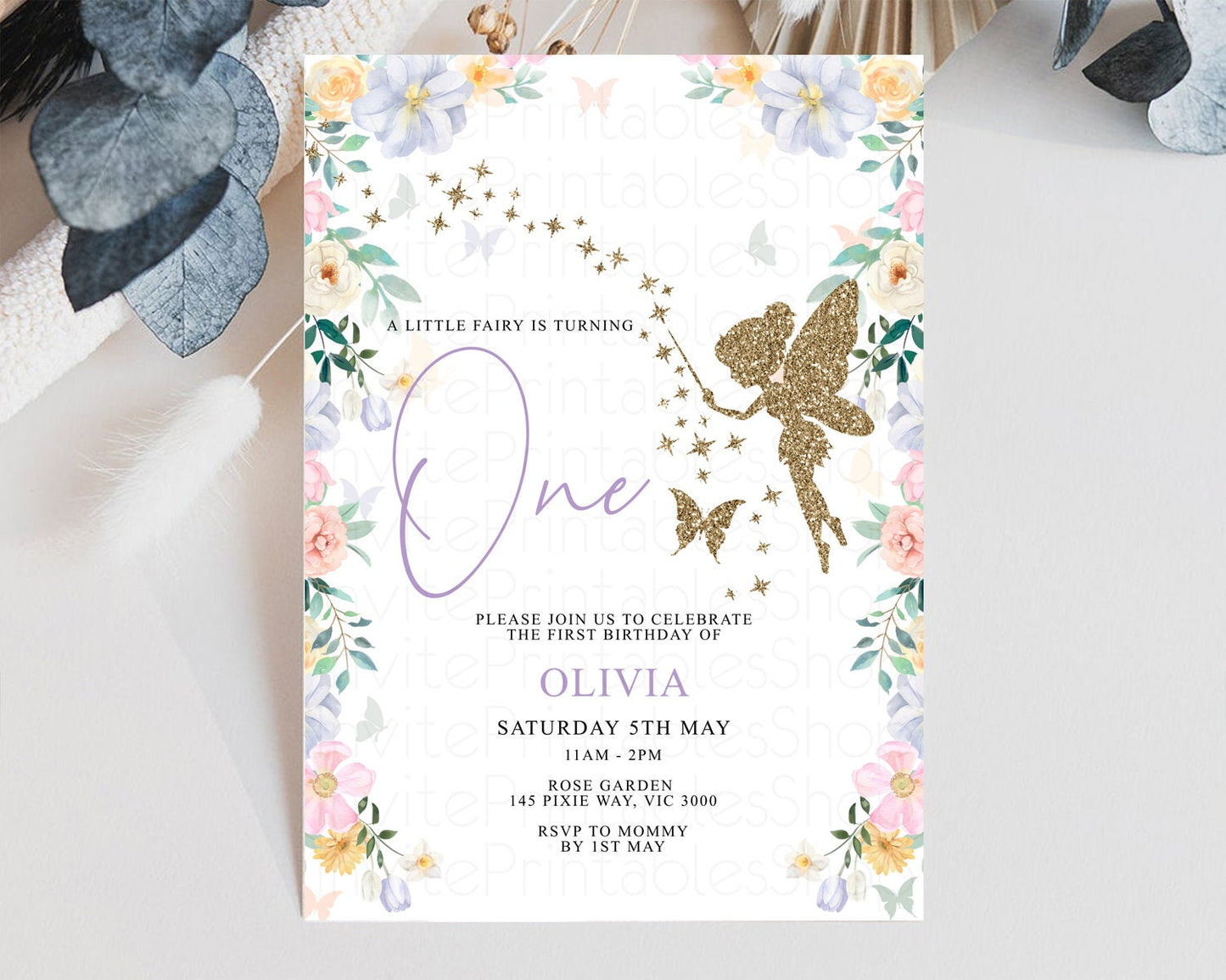 Fairy Birthday Invitation Glitter Fairy Invite Enchanted Garden Tinkerbell Invite Pastel Floral Invite Butterfly Garden Invite 1st 2nd F513