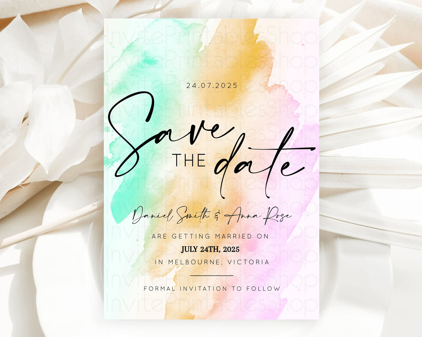 Pastel Save The Date Template Pastel Ombre Rainbow Watercolor Colorful Party For Birthday Baptism Baby Shower Wedding Bridal Shower D10962