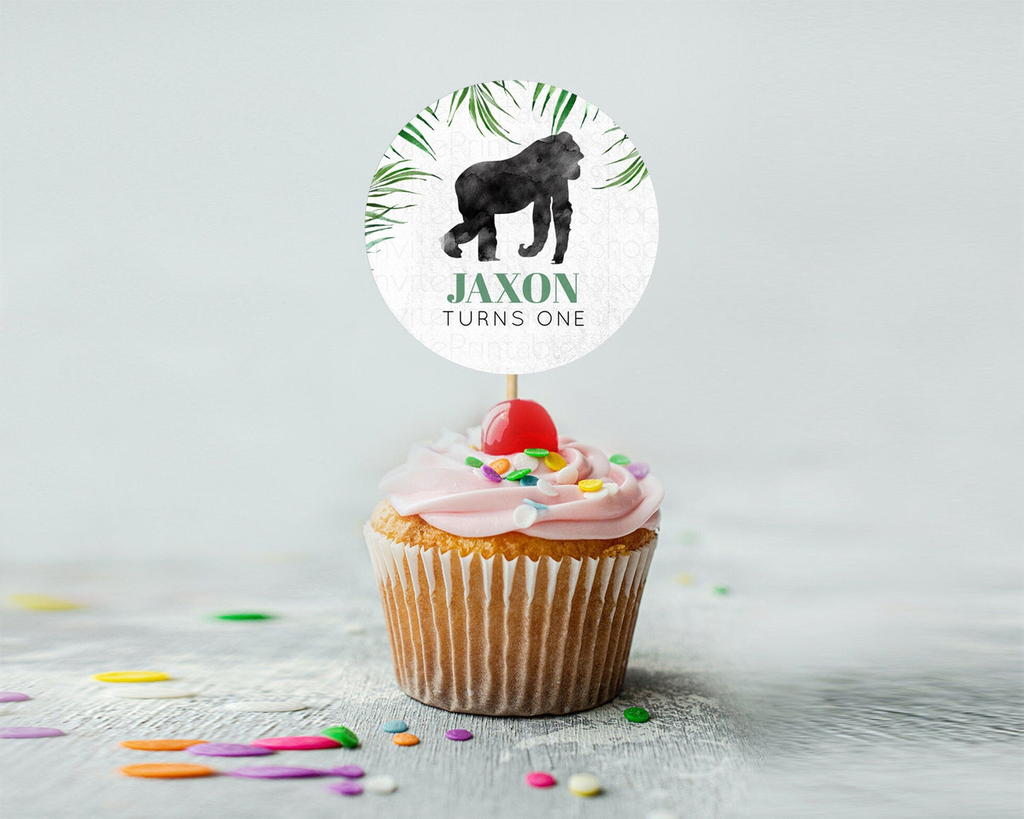 Gorilla Cupcake Toppers Jungle Gorilla Cupcake Gorilla Party Decor Gorilla Jungle Adventure Zoo Green Palm Leaf Fern First Birthday D10840