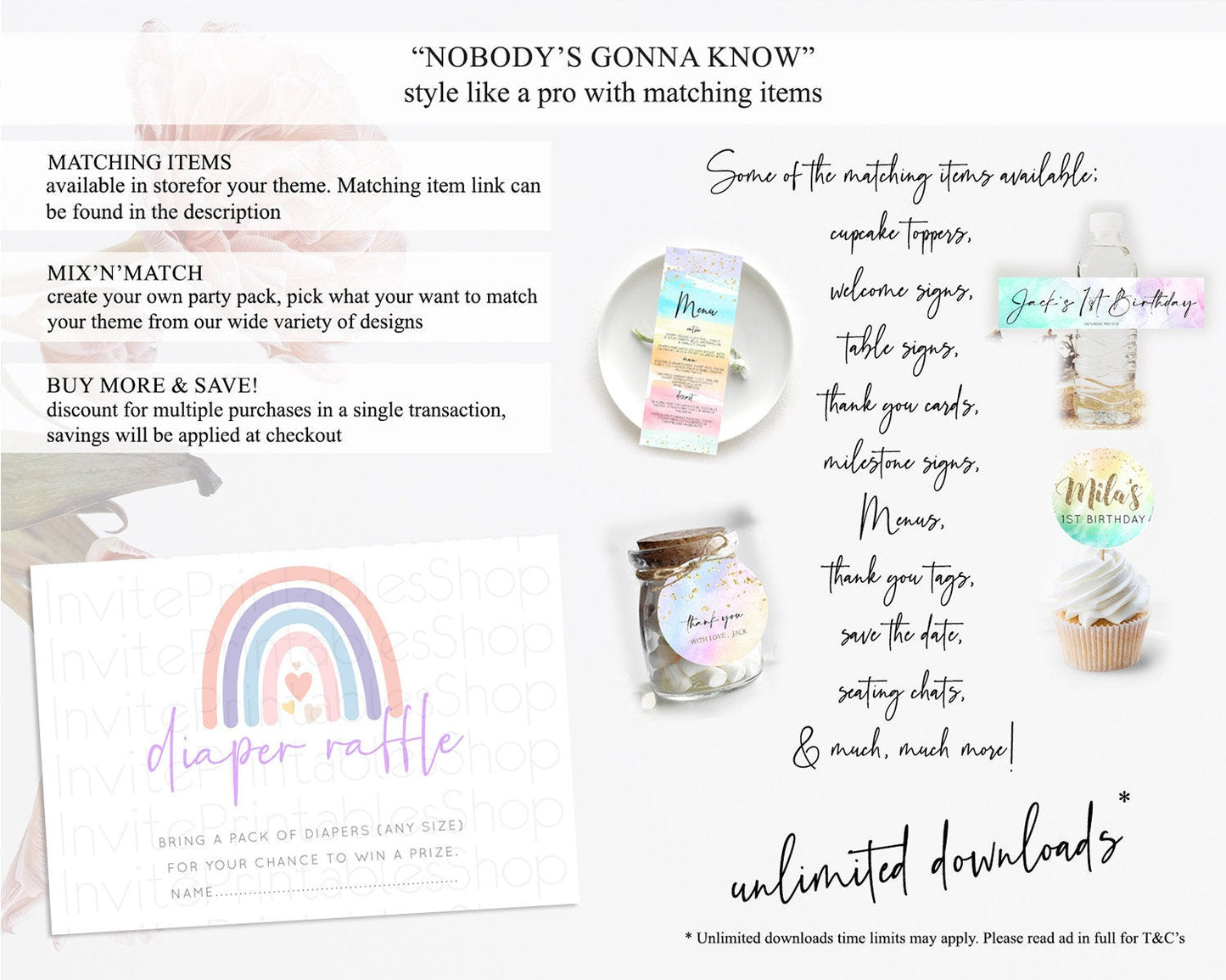 Pastel Rainbow Diaper Raffle Card Boho Rainbow Diaper Insert Boho Rainbow Diaper Ticket Pastel Watercolor Baby Shower Raffle Game D10788