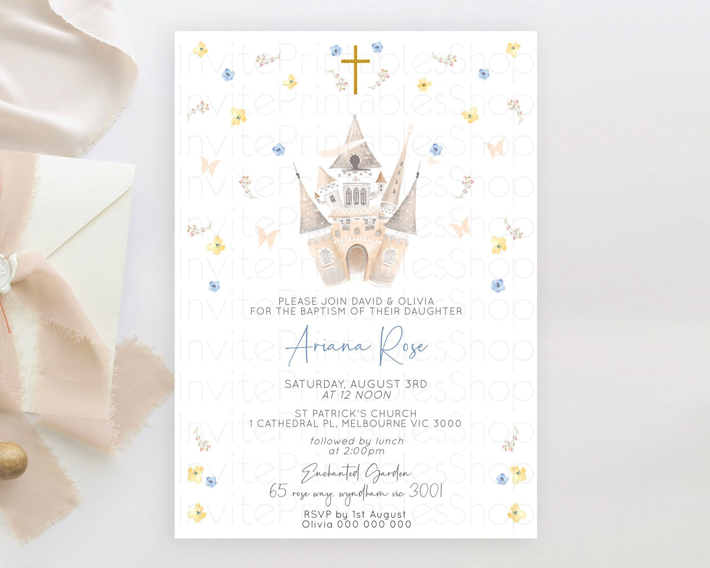 Princess Baptism Invitation Enchanted Castle Baptism 1st Birthday Invitation Royal Party Pastel Floral Secret Garden Christening D10365