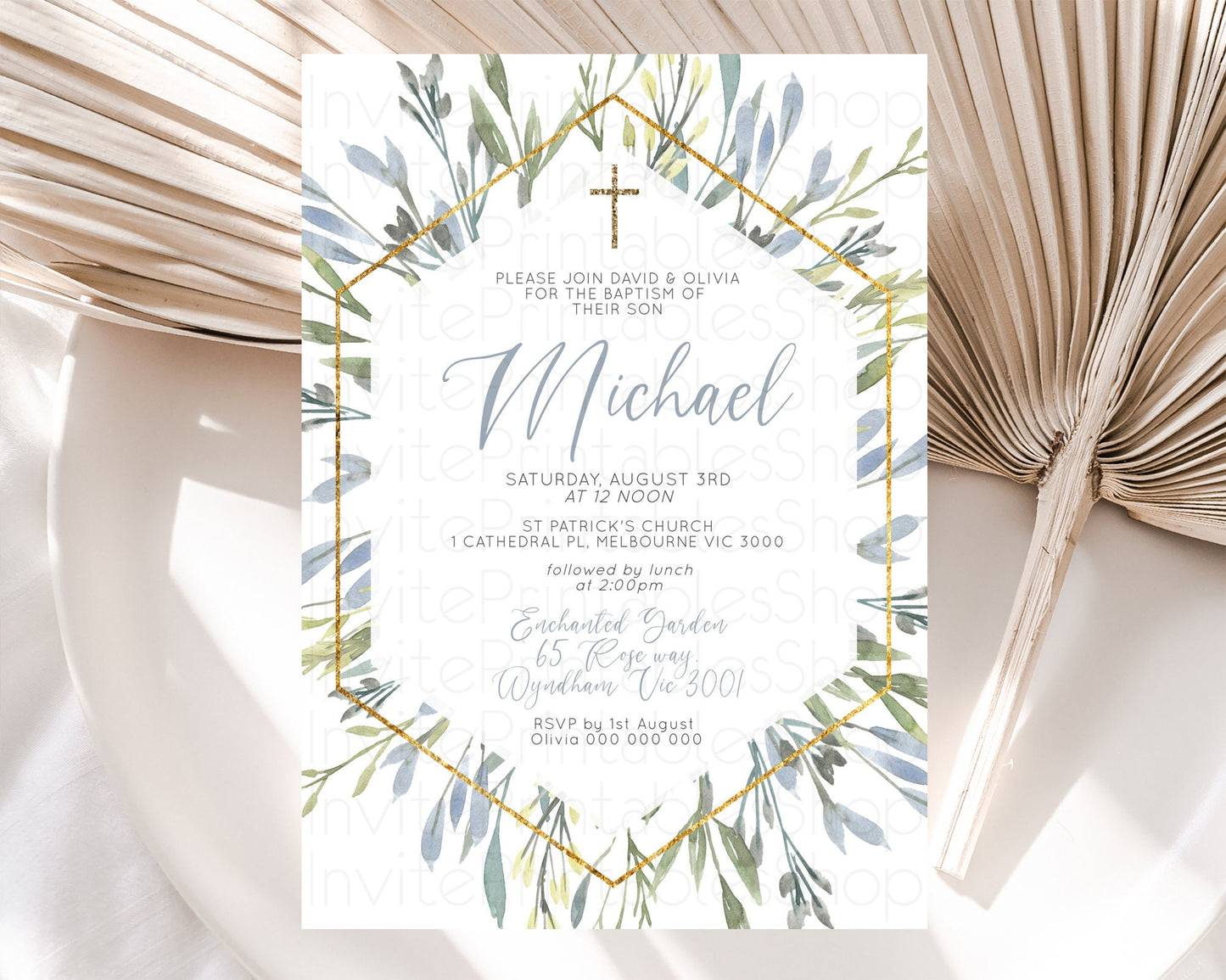 Leafy Baptism Invitation Leafy Simple Greenery Baptism 1st Birthday Invitation Eucalyptus Fern Spray Leaves Green Leaf Watercolour D10532