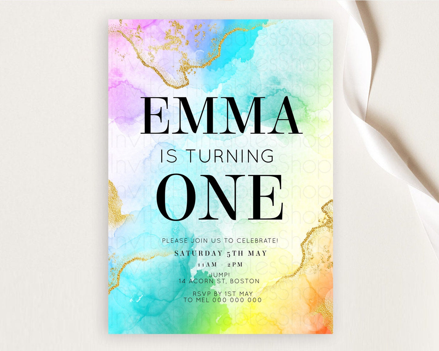 Rainbow Birthday Invitation Colorful Pastel Watercolor Invitation Gold Glitter Sprinkles Ombre Pastel 1st 2nd 3rd Birthday D10393