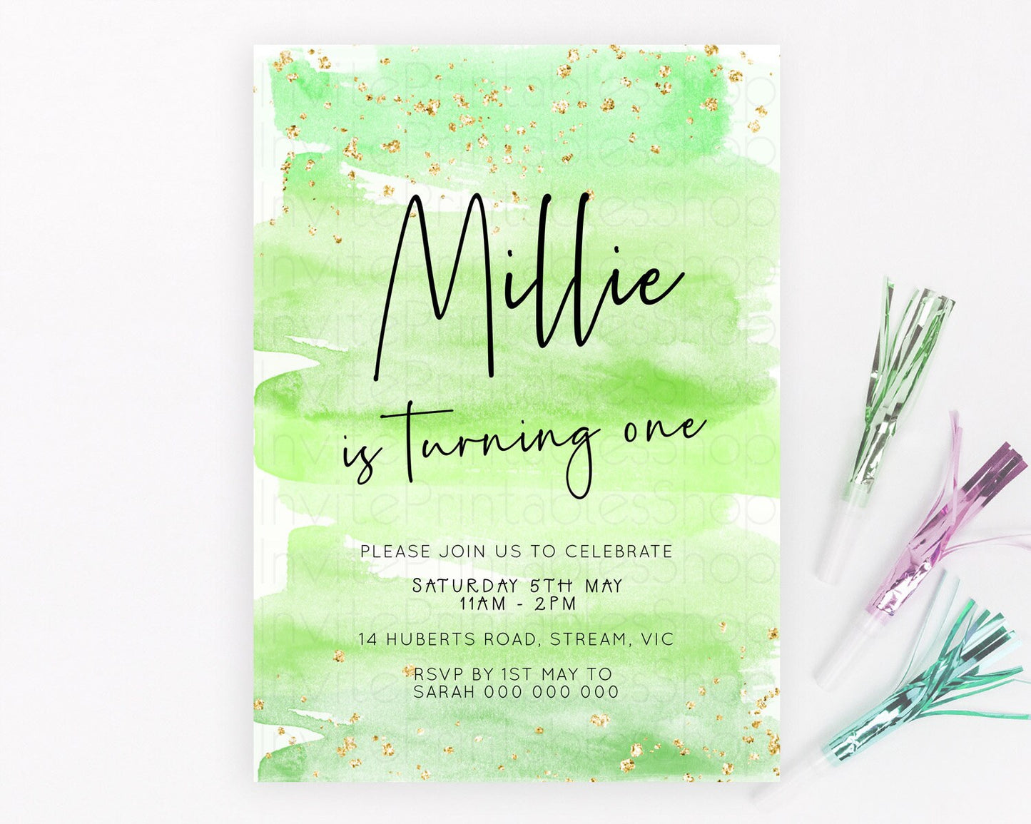 Green Birthday Invitation green Watercolor Invitation Pastel green Watercolor Invitation green Splash Gold Invitation First Birthday D23050