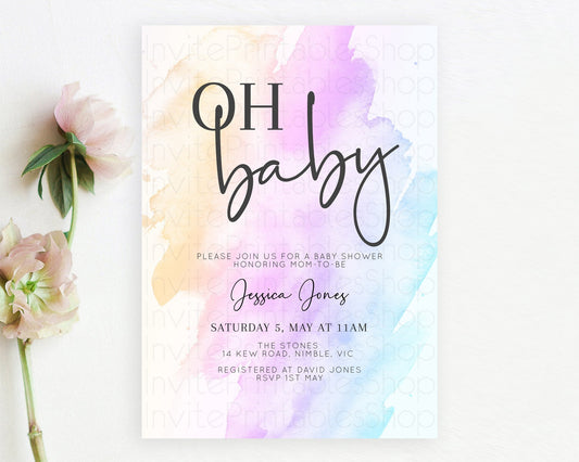 Pastel Baby Shower Invitation Rainbow Baby Shower Invitation Colorful Pastel Watercolor Invitation Gold Glitter Sprinkles Ombre D10177