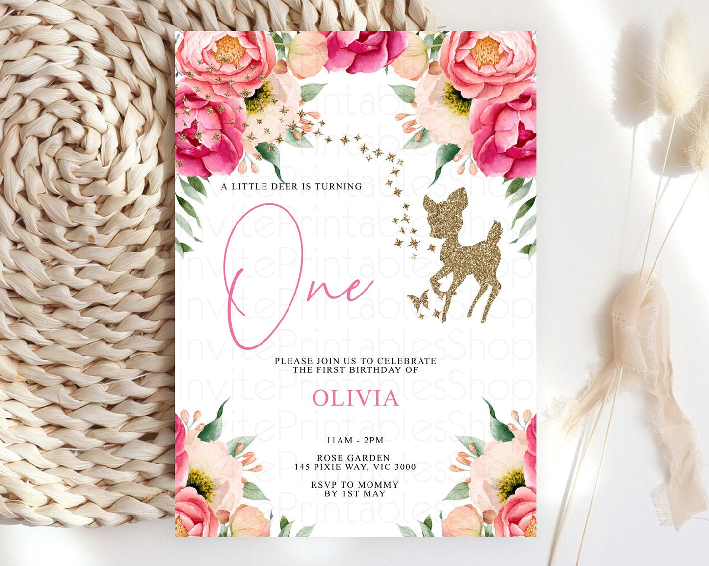 Fawn Birthday Invitation Deer Birthday Invitation Enchanted Forest Party Butterfly Pastel Flowers Whimsical 2nd 1st First Birthday D10326