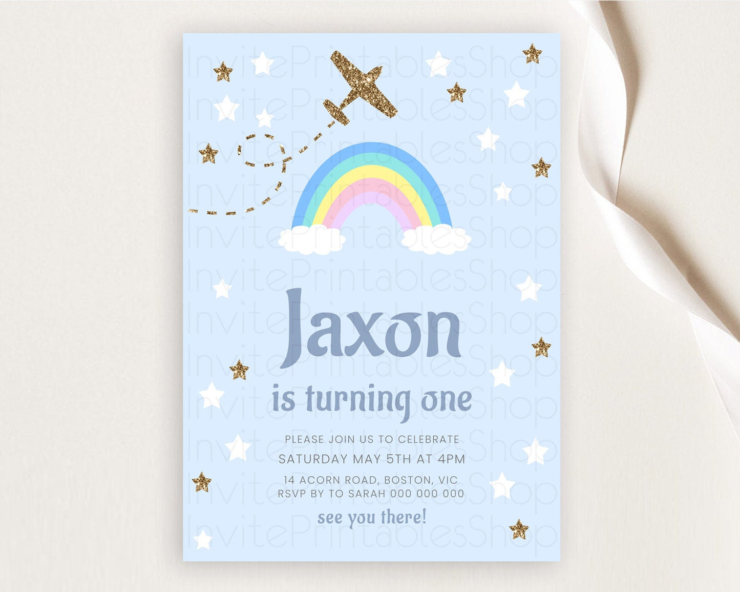 Plane Birthday Invitation Plane Invite Pastel Rainbow Clouds Stars Party Adventure Awaits Up Up Away Glitter 2nd 1st First Birthday D10220